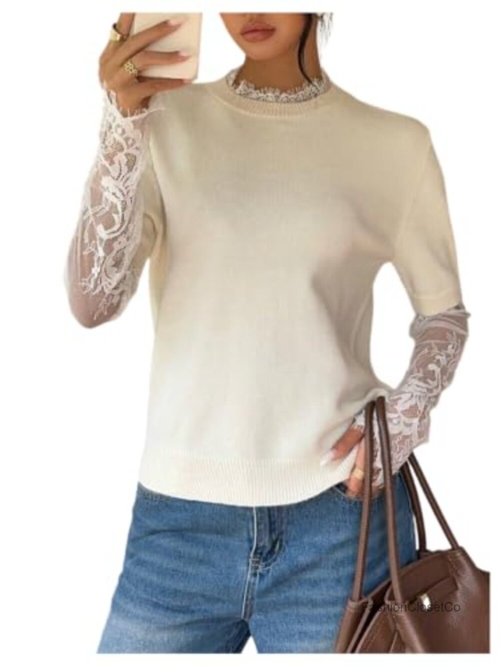 Lace Sweater Crew Neck Long Sleeve Knit Pullover